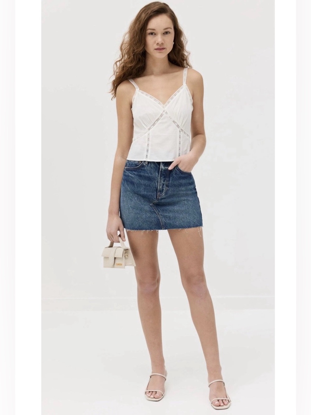 Reformation Nina Denim Mini Skirt High Rise Frayed Hem Blue Wash 25 EUC